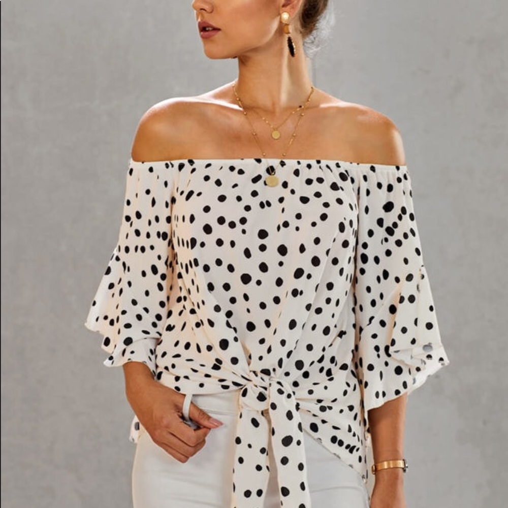 White polka dot top! So cute! Off the shoulder - Picture 3 of 4